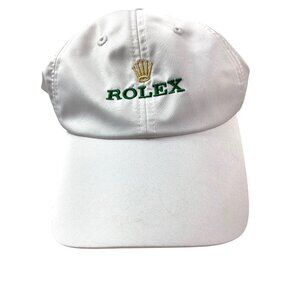 Rolex White Adjustable Hat With Embroidered Logo & Gold Crown Design
